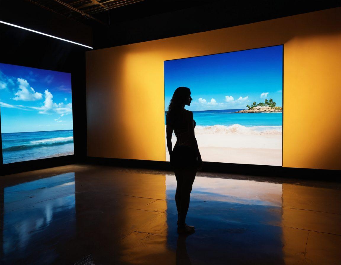 A vibrant transition scene showcasing a sun-kissed beach on one side, with golden sands and crystal blue waters, flowing into a high-tech studio filled with sensual screens and glowing lights on the other. Include a silhouette of a confident performer in front of the screens, emphasizing the contrast of natural beauty and digital allure. Create an engaging atmosphere with warm and cool tones blending seamlessly. super-realistic. vibrant colors. high contrast.